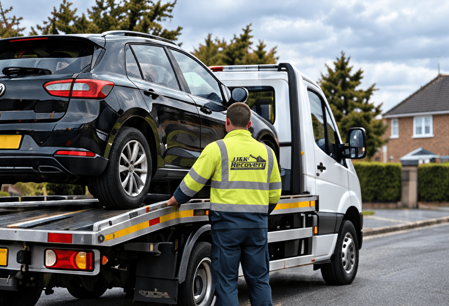 Recovery operator loading a car onto a flatbed truck outside a house