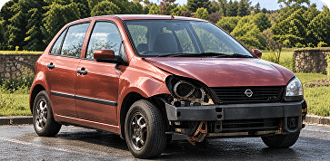 Damaged red hatchback awaiting collection
